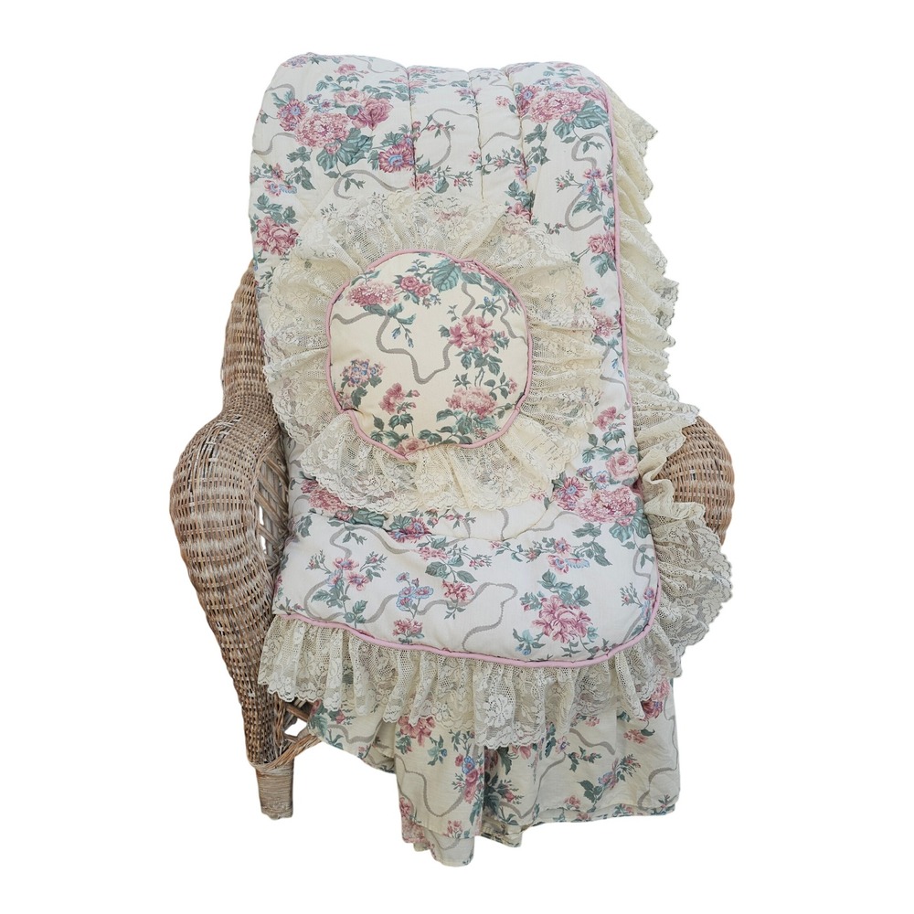 Croscill Floral Lace Ruffle Full Comforter Set Pink Rose Vintage Granny Pillow